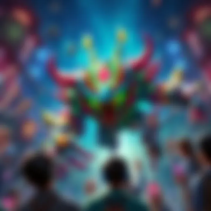 A colorful depiction of Jin Dahaad, showcasing its unique design and features, surrounded by excited gamers sharing their thoughts