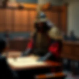 Jin Sakai in a courtroom A courtroom scene featuring Jin Sakai, wearing traditional Samurai armor, standing before a judge, with scrolls and legal documents on the table.