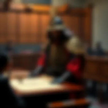Jin Sakai in a courtroom A courtroom scene featuring Jin Sakai, wearing traditional Samurai armor, standing before a judge, with scrolls and legal documents on the table.