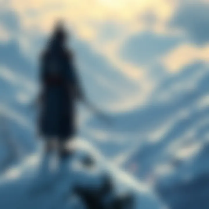 A character resembling Jin Sakai stands on a snowy mountain overlooking a valley, dressed in traditional samurai armor with a sword at his side, evoking anticipation for the next chapter in his journey.