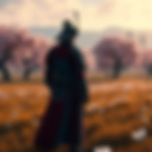 Jin standing in a field Jin in samurai armor, ready for battle in a field with cherry blossom trees, contemplating his next move against the Shogun.