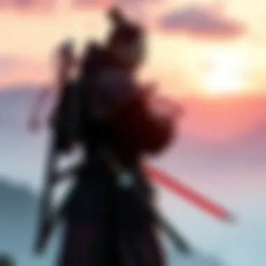 Jin, a samurai in traditional armor, stands alone in a scenic landscape with his sword drawn, symbolizing his focus on battle over romance.