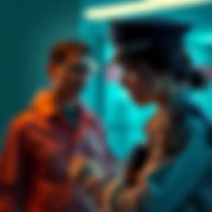 A policewoman questioning a nervous civilian in a tense setting, highlighting the seriousness of the situation.