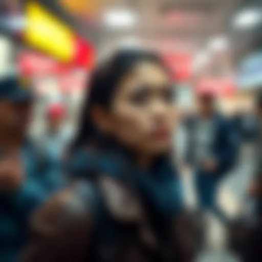 A woman, Jinny, looking distressed after an assault by an unidentified man in a public space. The man is depicted in the background behaving inappropriately.
