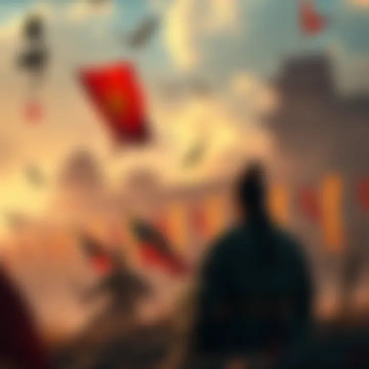 A historical scene depicting a warrior reflecting on his legacy after a battle, with symbols of honor and defeat in the background.