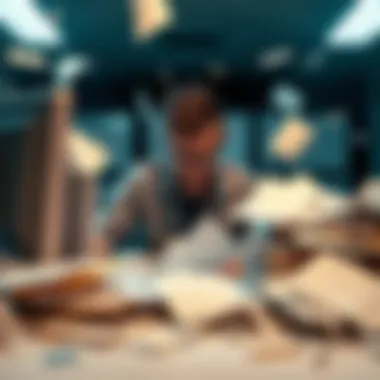 A frustrated employee surrounded by messy paperwork and a computer, symbolizing the challenges of handling job responsibilities.