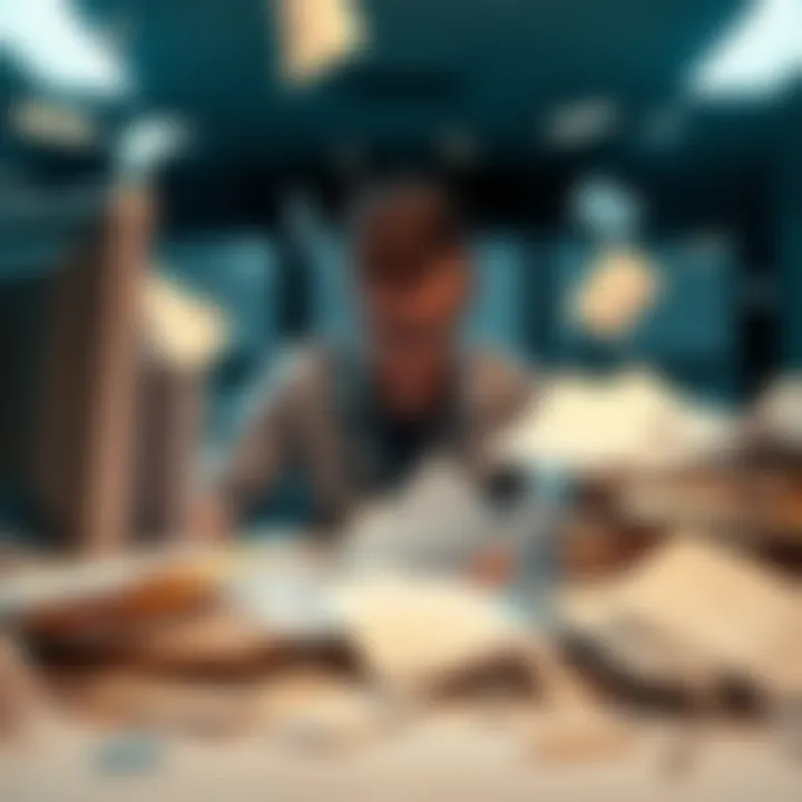 A frustrated employee surrounded by messy paperwork and a computer, symbolizing the challenges of handling job responsibilities.