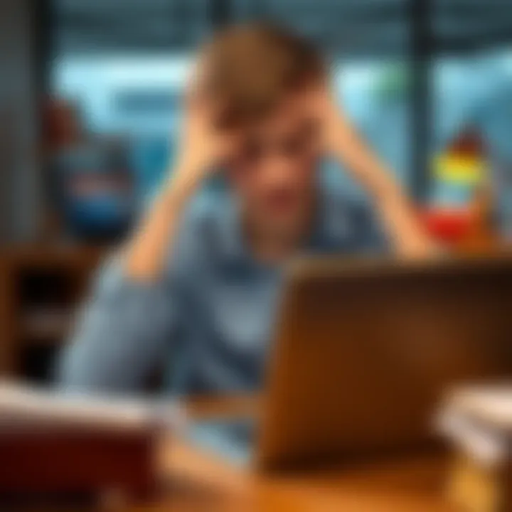 A young job seeker sitting at a desk with a laptop, looking stressed and confused about job applications