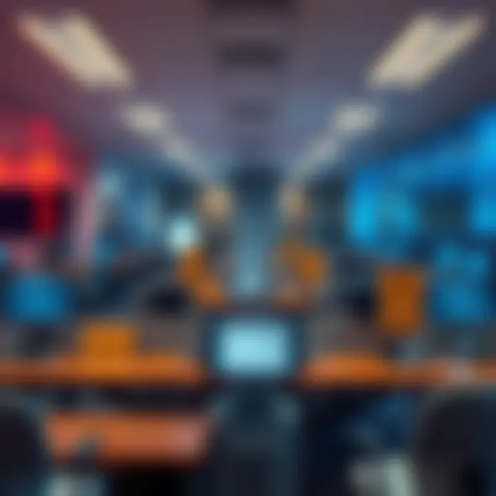 A business office with empty desks and warning signs about layoffs, reflecting job losses from AI focus.