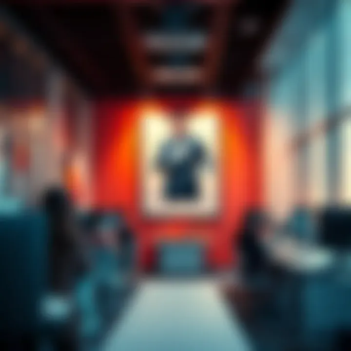 A corporate office with employees looking concerned about job cuts while a poster of Johnny Silverhand is displayed prominently