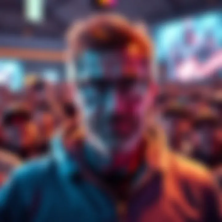 A portrait of Joe Blackburn, the game director known for his work on Destiny 2, surrounded by fans enjoying the game.