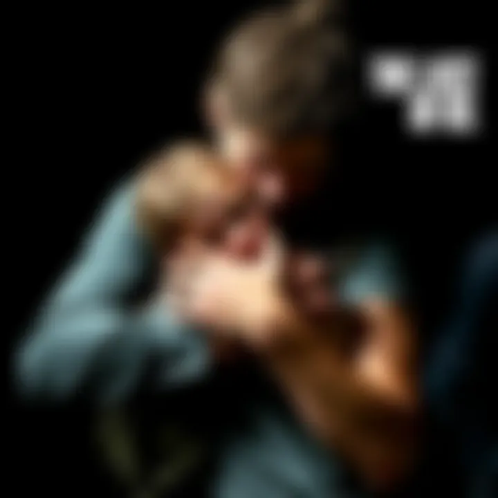 A tense scene with Joel holding Ellie tightly, showing a mix of love and determination against a dark backdrop, symbolizing moral conflict.