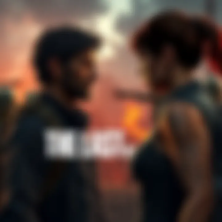 Joel and Ellie face a dangerous situation in a post-apocalyptic setting with zombies in the background.