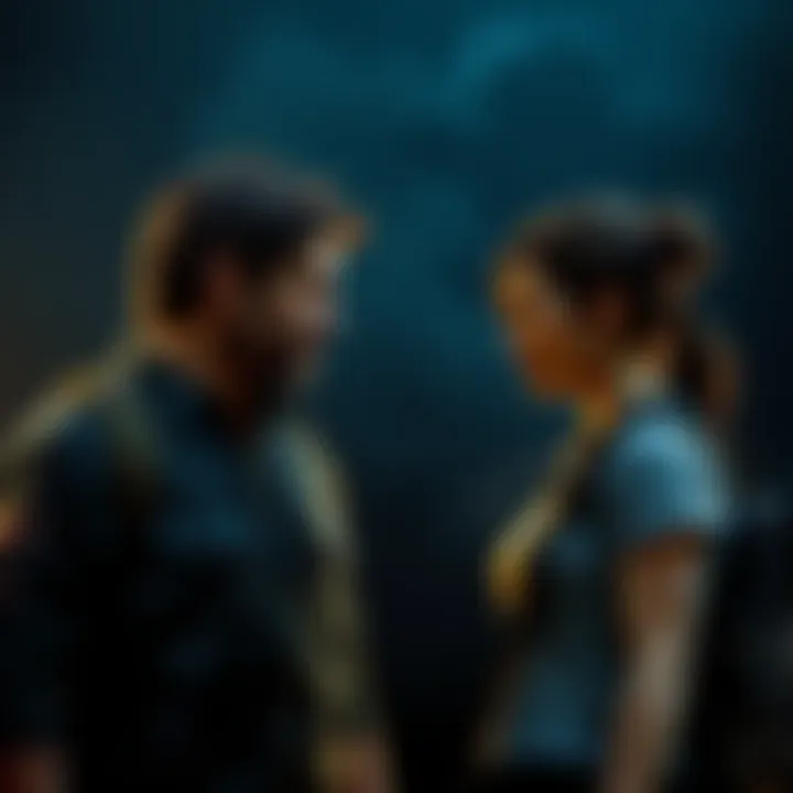 A tense scene depicting Joel and Abby standing against a dark, post-apocalyptic background, with expressions of conflict and determination on their faces.