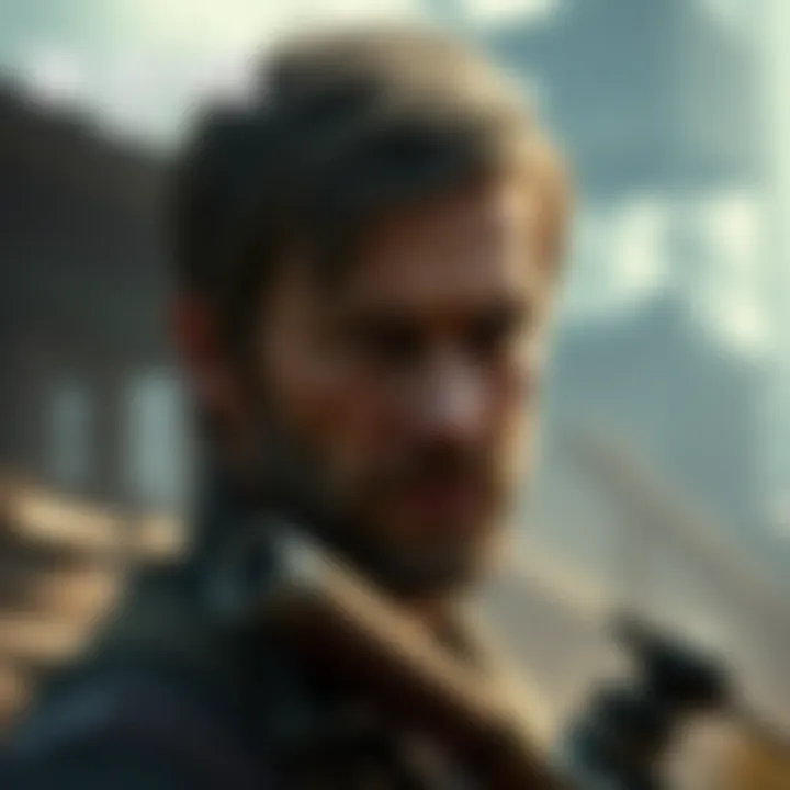 A close-up of Joel Miller, a rugged man with a serious expression, holding a weapon in a post-apocalyptic setting, showcasing the intensity of his character and the game's atmosphere.