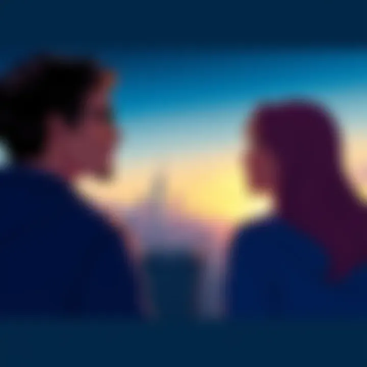Illustration of Joel and Tess looking at the Boston skyline with an uncertain expression, hinting at their future after leaving the city.