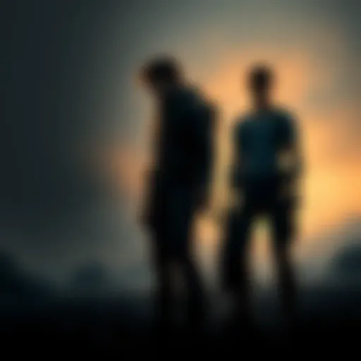 Joel and Tommy standing in a dark, post-apocalyptic environment, looking troubled as they face a difficult decision about their journey.