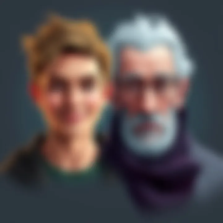 An illustration showing Joel's transformation from a young man to an elderly figure with a grandfatherly appearance, depicting his changing facial features and style over time.