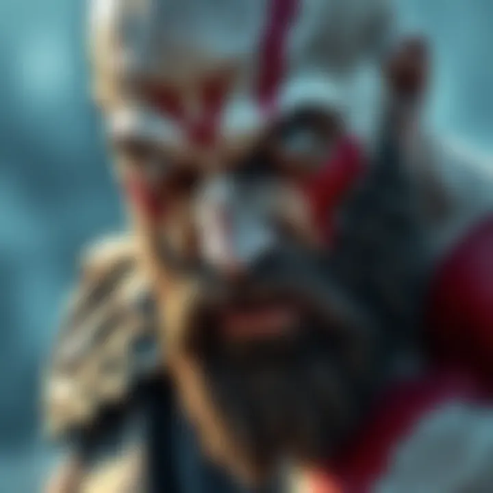 John Bernthal with a strong bone structure resembling Kratos, the God of War character, showcasing a fierce expression and warrior stance