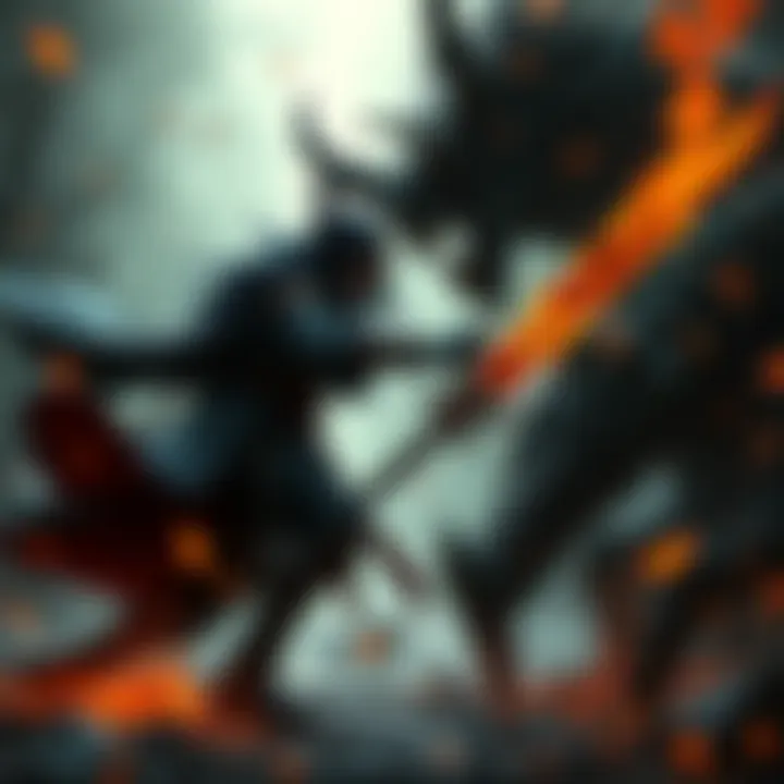 John Nioh Engaging in Battle A character resembling John Nioh battles a creature inspired by Elden Ring in a dark fantasy setting.