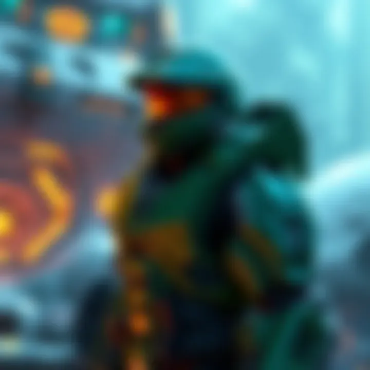 John 117, also known as Master Chief, stands in his iconic green armor, ready for battle, with a spaceship backdrop reflecting his journey.