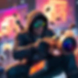 A player engaging in a vibrant gaming scene as John Arc Raider, showcasing various blueprints and resources. The atmosphere is lively with explosions and meme-inspired strategies in action.