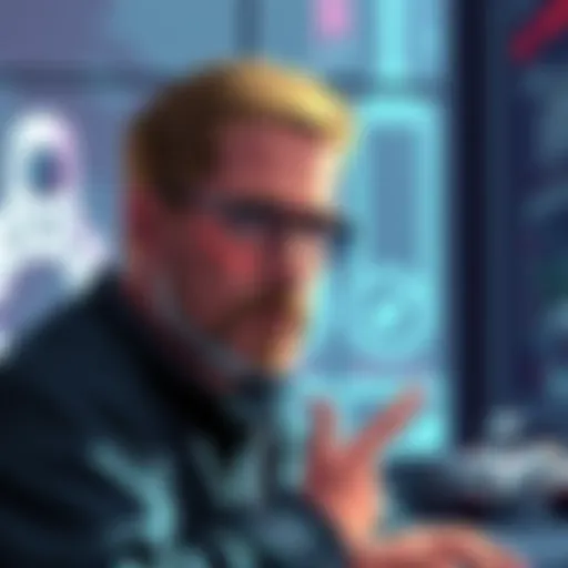 A digital illustration of John Carmack discussing AI with gaming elements in the background