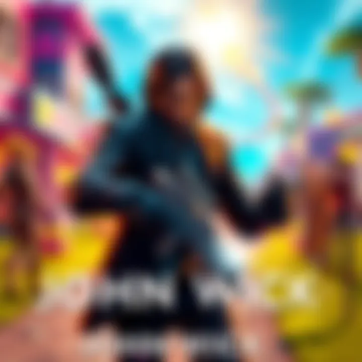 John Wick in Fortnite John Wick character in Fortnite setting, ready for action with weapons drawn and colorful environment in the background