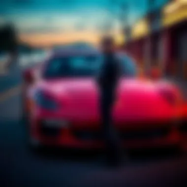 Johnny stands next to his luxury Porsche, showing a mix of pride and uncertainty, reflecting on his choice of car.
