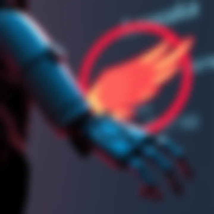 A close-up of Johnny's robotic arm with the Arasaka logo in the background, symbolizing corporate ties and identity issues.
