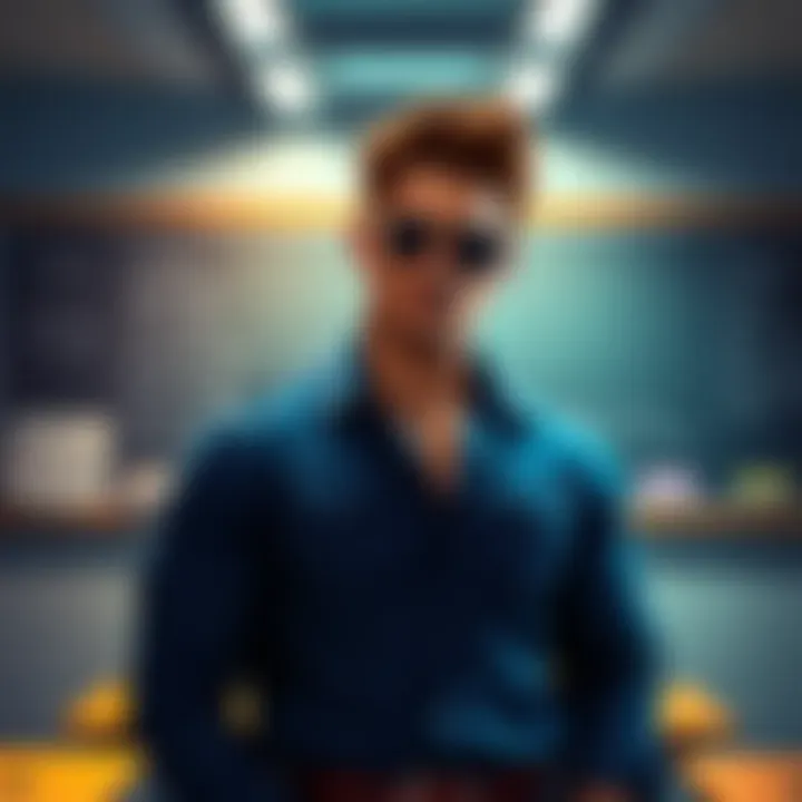 Johnny Bravo stands in front of a classroom, showcasing his muscular build and cool demeanor while looking at various class options on the board.