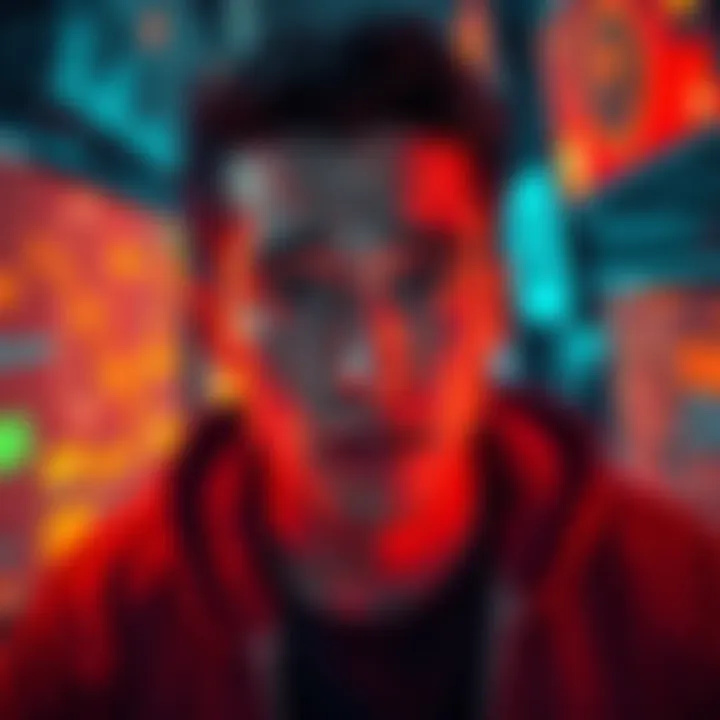 Johnny's Struggle with Cyberpsychosis A young man looks distressed while surrounded by glowing screens, symbolizing his struggle with technology's impact on his mind.