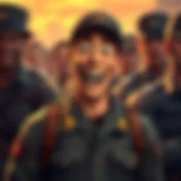 Johnny, the charming side character, smiles confidently in his military uniform, showcasing his humorous personality with a laugh while surrounded by fellow soldiers.