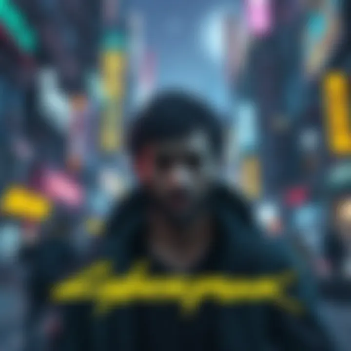 A digital illustration showing Johnny struggling with conflicting memories, surrounded by neon lights of Night City.