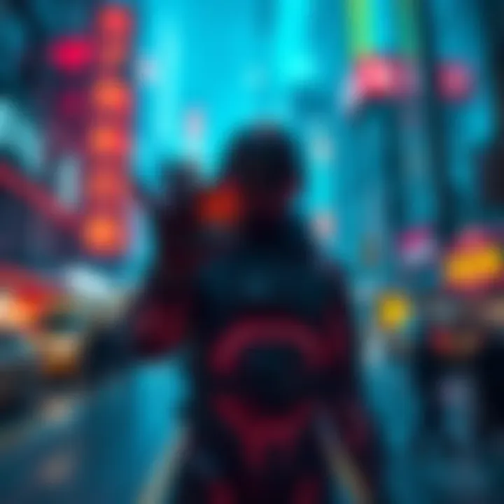 A futuristic city backdrop with neon lights, featuring a character in a cybernetic suit holding a data chip, representing themes from Johnny Mnemonic and cyberpunk literature.