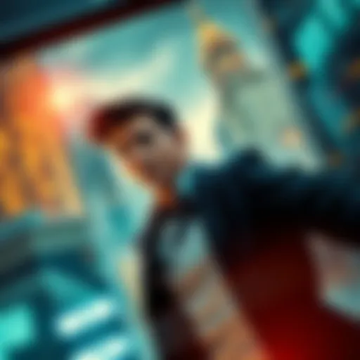 A dynamic poster featuring the character Johnny in a corporate setting, looking surprised with city skyscrapers in the background