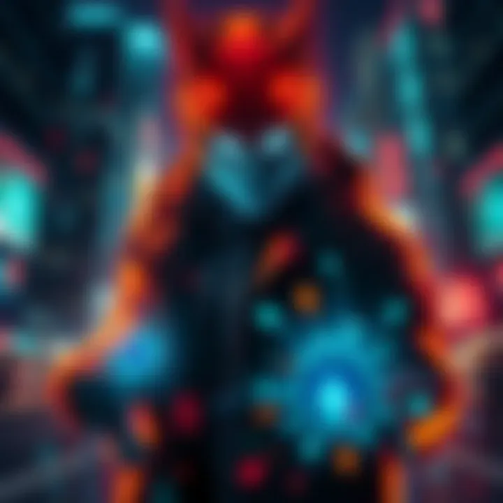 A digital representation of Johnny's character in Night City, showcasing his knowledge of netrunning with virtual data streams around him