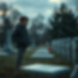 Johnny stands beside Rache Bartmoss' grave, looking contemplative and slightly embarrassed. The grave appears simple and unremarkable, evoking thoughts about legacy.