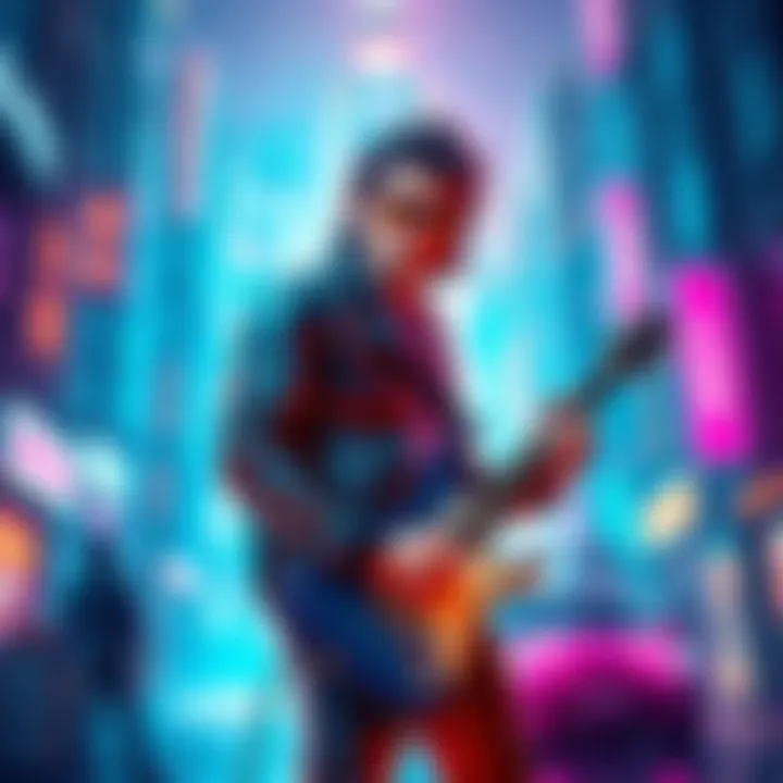 Johnny Silverhand, a digital rebel, stands confidently with his guitar, surrounded by neon lights and a futuristic city backdrop.