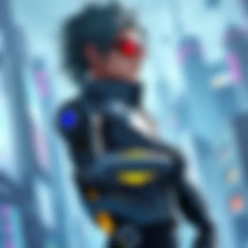 Johnny Silverhand Character Art A detailed depiction of Johnny Silverhand, the cyberpunk character with a robotic arm and long hair, standing confidently with a futuristic city in the background.