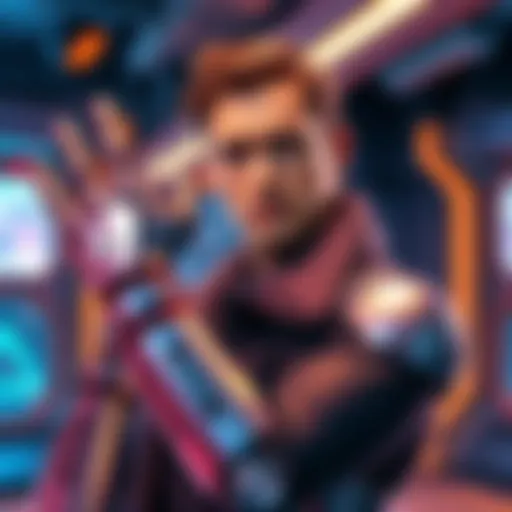 Johnny Silverhand character showing off his metal arm in a futuristic setting
