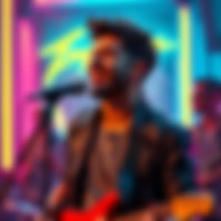 Johnny Silverhand performing with a band in Cyberpunk 2077, showcasing his contrasting singing and speaking voice, with a vibrant neon backdrop.