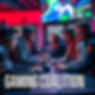 A group of players strategizing in a gaming environment, showcasing teamwork and communication