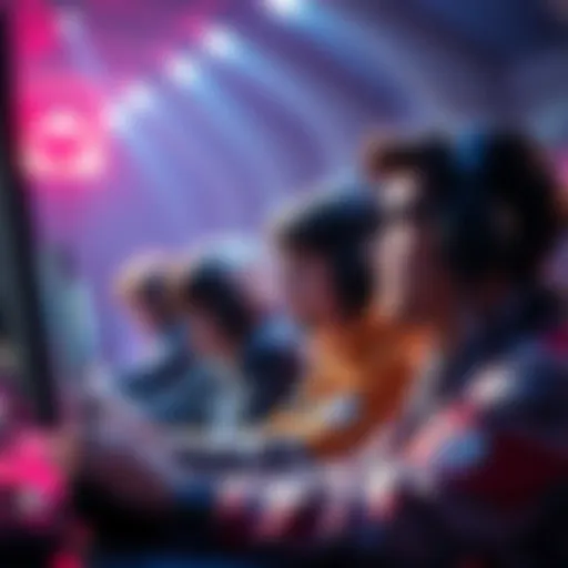 A group of gamers in a virtual environment, collaborating for ranked matches, showcasing teamwork and communication, with a focus on competitive gaming.