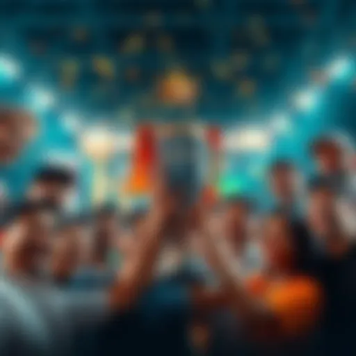 A diverse group of people smiling and gathering around a trophy, inviting others to join them for a championship event, with excitement and rewards in the air.