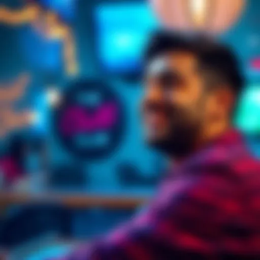 A person smiling after receiving a bonus at work, contemplating joining a local club, with a club logo visible in the background.
