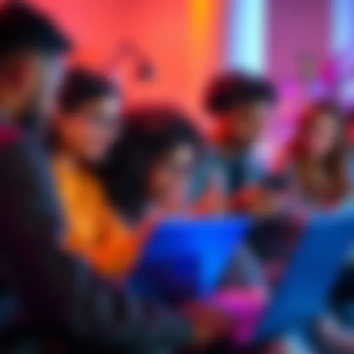 A group of diverse people engaging in a lively online discussion on their laptops and devices.