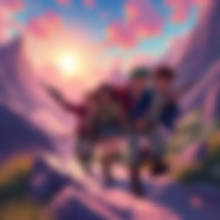 A group of friends embarking on an epic adventure, inspired by JoJo's Stardust Crusaders, featuring vibrant landscapes and dynamic action poses.