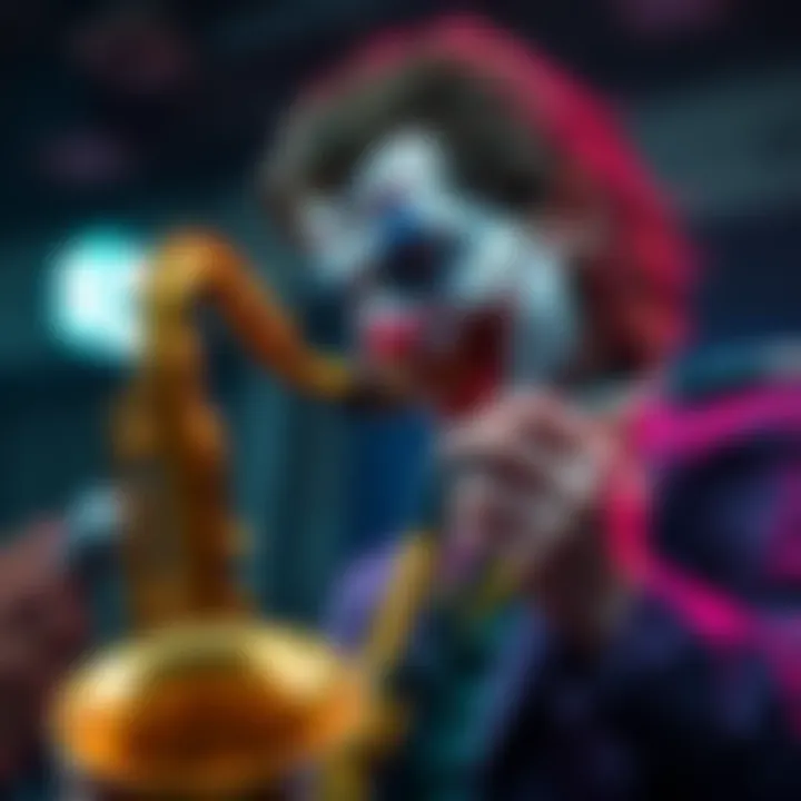 Joker Beyond character interacting with a saxophone, showing amusing mouth and nose movements.