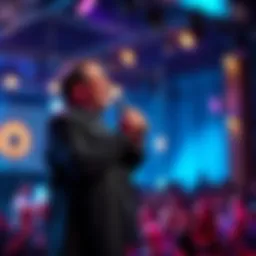 Comedian Jokester Jan with a microphone, laughing and engaging the audience during a stand-up show.